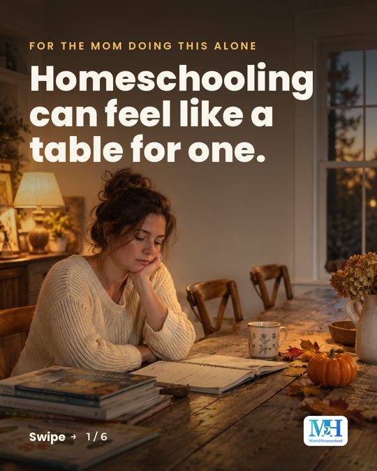 A mom sits alone at a kitchen table in warm lamplight, resting her chin on her hand, with books and a pumpkin nearby. Text reads: For the mom doing this alone. Homeschooling can feel like a table for one.