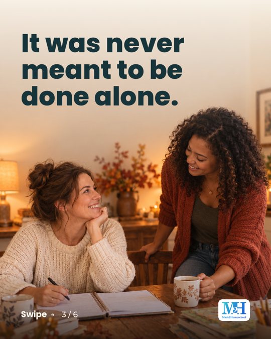 Two moms smiling and talking at a table with notebooks and coffee. Text reads: It was never meant to be done alone.