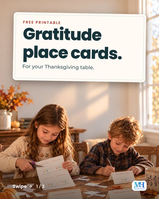A girl and a boy cutting out and writing on paper place cards at a table, and a card that reads: Free printable. Gratitude place cards. For your Thanksgiving table.