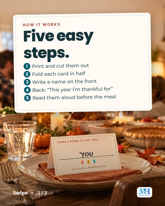 A place card on a dinner plate that reads There’s room at the table, You, with love from Made2Homeschool, and a card that reads: How it works. Five easy steps. 1. Print and cut them out. 2. Fold each card in half. 3. Write a name on the front. 4. Back: This year I’m thankful for. 5. Read them aloud before the meal.