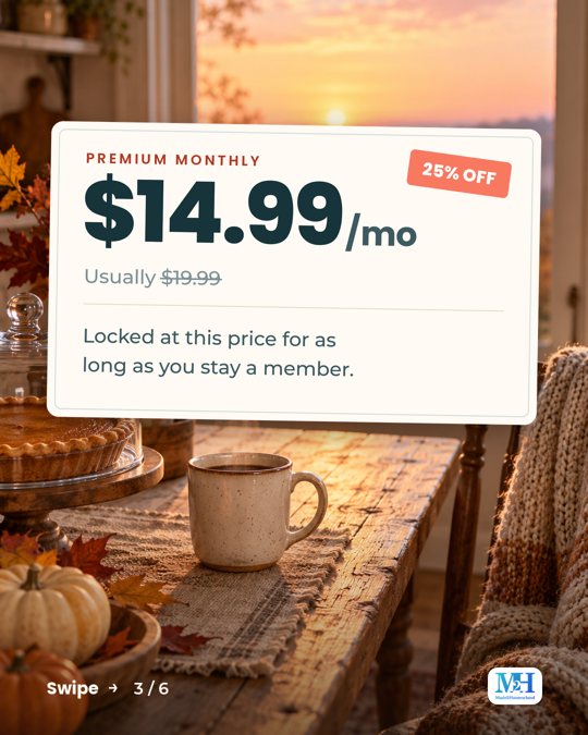 A farmhouse kitchen at sunrise with a pumpkin pie under a glass dome, and a card that reads: Premium Monthly. 25% off. $14.99 a month, usually $19.99. Locked at this price for as long as you stay a member.