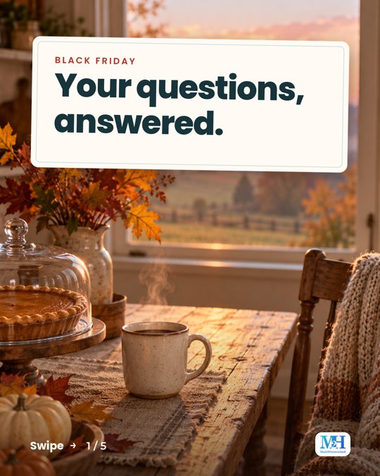 A farmhouse kitchen at sunrise with a pumpkin pie under a glass dome and a mug of coffee, and a card that reads: Black Friday. Your questions, answered.