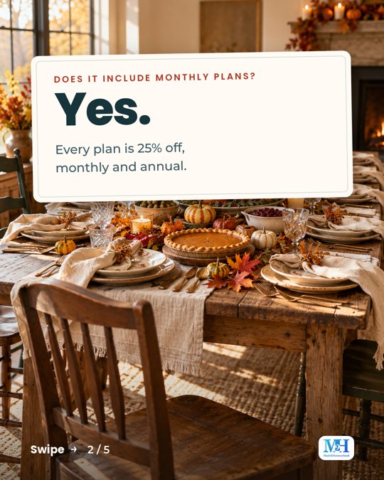 A long farmhouse Thanksgiving table in afternoon sun, and a card that reads: Does it include monthly plans? Yes. Every plan is 25% off, monthly and annual.