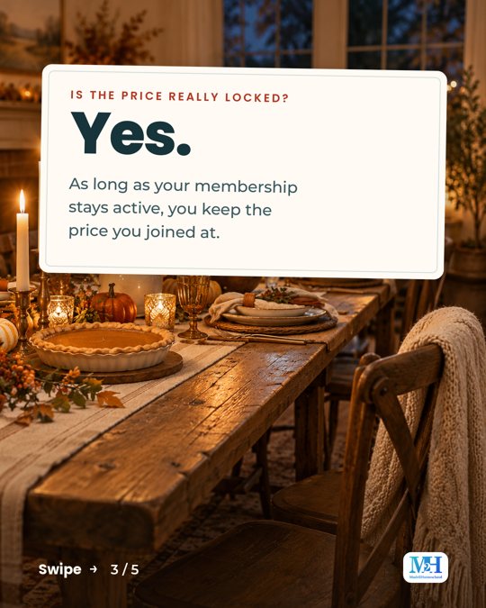 A candlelit Thanksgiving table, and a card that reads: Is the price really locked? Yes. As long as your membership stays active, you keep the price you joined at.